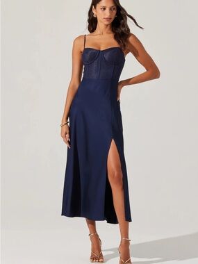 Astr Navy Blue Lace Bodice Slip Dress with Side Slit
